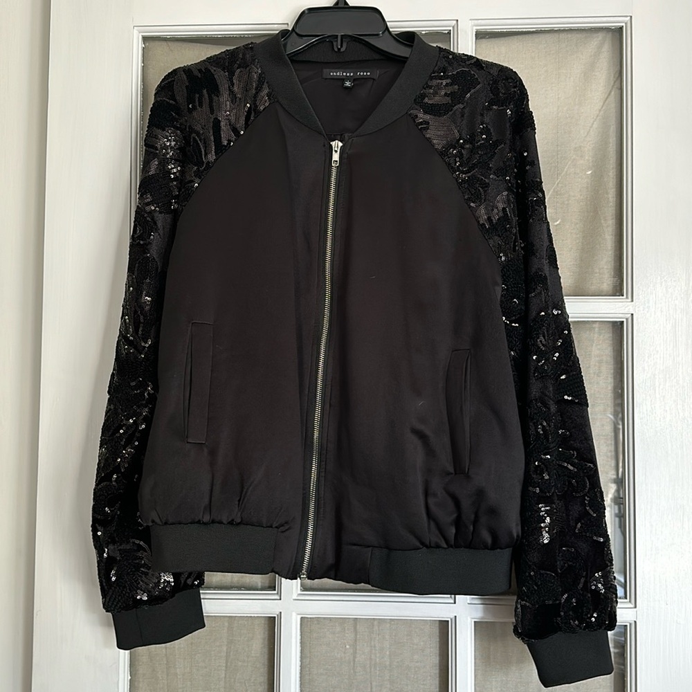Endless Rose Black Sequin Velvet Sleeved Bomber Jacket